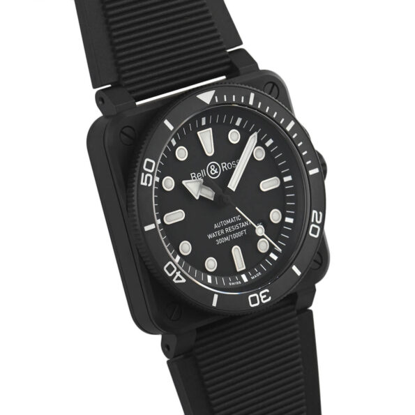 Close-up of the Bell & Ross BR 03 Diver’s black rubber strap with a textured finish, fitted with a matte black ceramic pin buckle, designed for durability and comfort in underwater conditions.