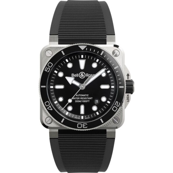 Bell & Ross BR 03 Diver watch in matte black steel, featuring a square 42mm case with a round black dial, large white Super-LumiNova hour markers, skeletonized hands, and a unidirectional rotating bezel with 60-minute dive scale.