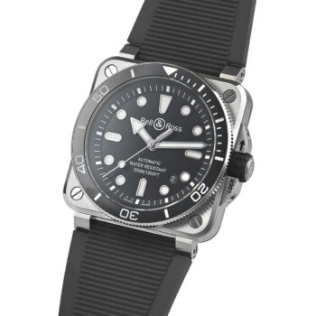Side profile of the BR 03 Diver Black Steel, showcasing its brushed black steel case, screw-down crown with protective guards, and a knurled edge for grip, ensuring 300m water resistance.