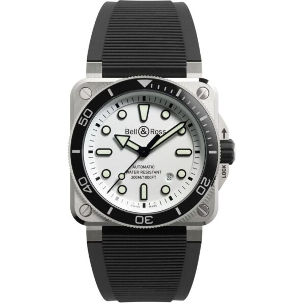 Bell & Ross BR 03 Diver White Steel watch featuring a 42mm brushed stainless steel case with crisp white dial, bold black hour markers with Super-LumiNova coating, skeletonized black hands, and a unidirectional rotating black ceramic bezel with 60-minute dive scale in white markings.