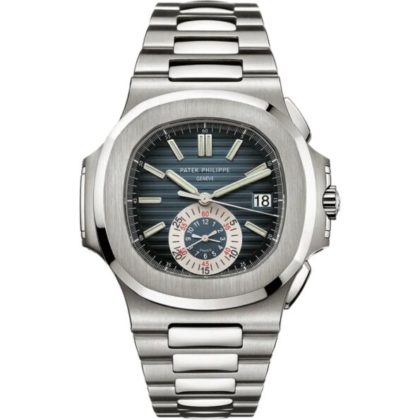 Patek Philippe Nautilus Chronograph 5980/1A-001, featuring a 40.5mm stainless steel case, blue embossed dial, white gold hands, and an octagonal bezel. The luxury watch includes a stainless steel bracelet with a folding clasp and is powered by an automatic movement with a 55-hour power reserve.