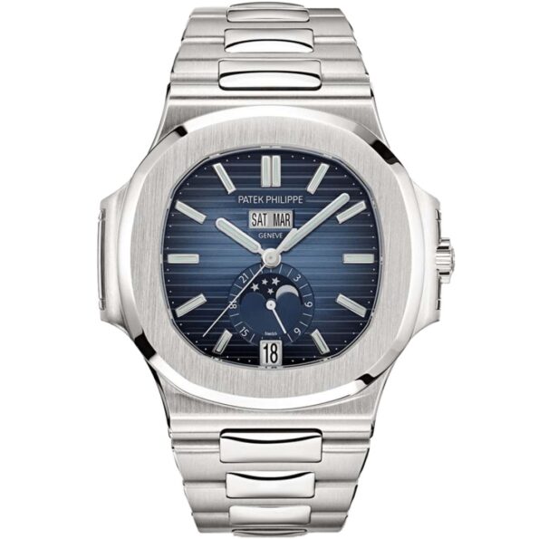 Front view of the Patek Philippe Nautilus 5726/1A-014 featuring a gradient blue dial with annual calendar, moon phase, and luminous white gold hour markers.