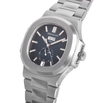 Right side view of the Patek Philippe 5726/1A-014 highlighting the screw-down crown and the distinctive horizontal embossed dial.