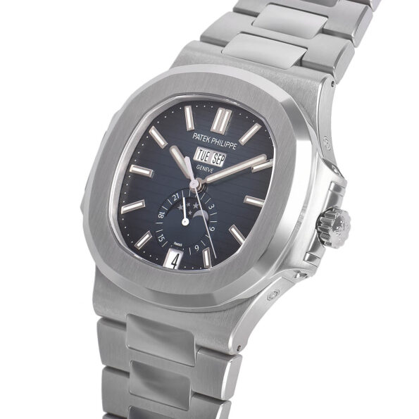 Right side view of the Patek Philippe 5726/1A-014 highlighting the screw-down crown and the distinctive horizontal embossed dial.