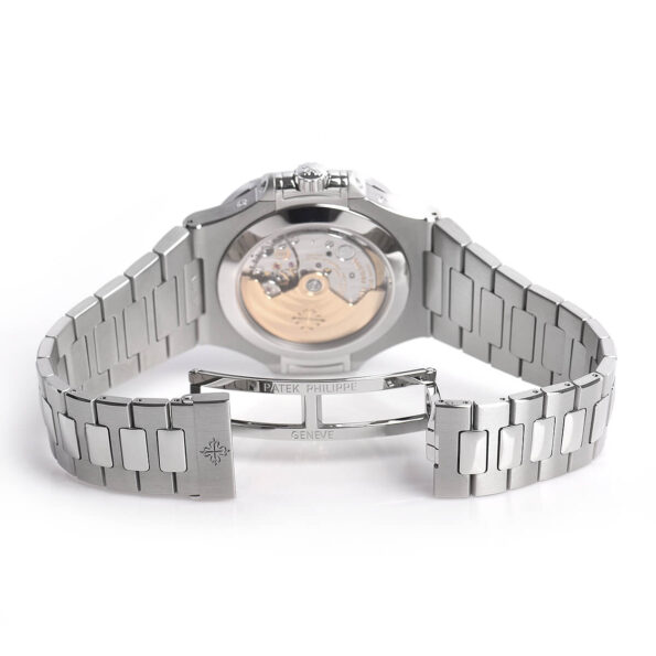 Rear view of the Nautilus 5726/1A-014 displaying the sapphire crystal caseback and the self-winding Caliber 324 S QA LU 24H/303 movement.