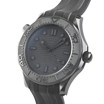 Right side view of the Omega Seamaster Diver 300M with close-up of the screw-in crown and helium escape valve.