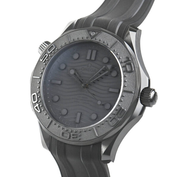 Right side view of the Omega Seamaster Diver 300M with close-up of the screw-in crown and helium escape valve.