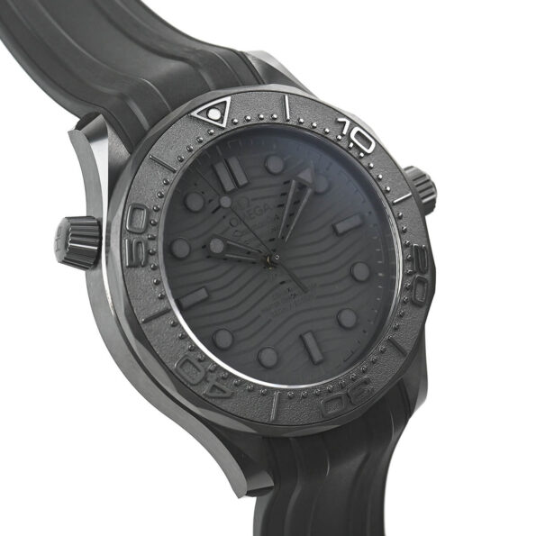 Left side profile of the Omega Seamaster Diver 300M, highlighting the streamlined ceramic case and integrated black rubber strap.