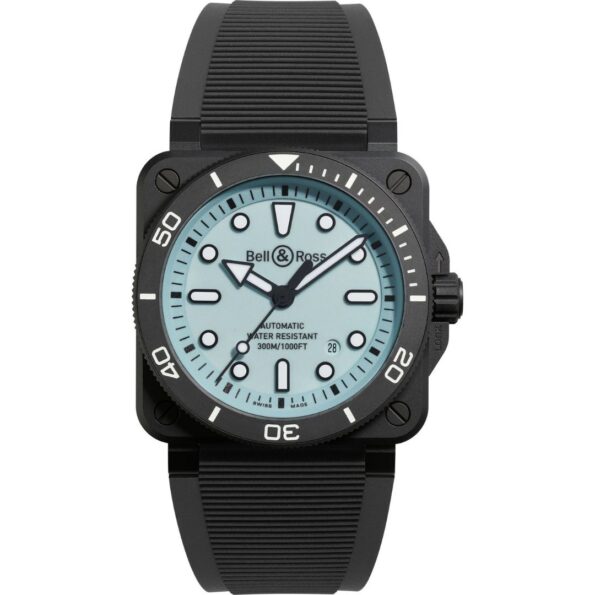 Bell & Ross BR 03 Diver Full Lum watch featuring a striking black ceramic case with fully luminous green Super-LumiNova dial, oversized hour markers, skeletonized hands, and a matching luminous unidirectional rotating bezel with 60-minute dive scale in low-light conditions.