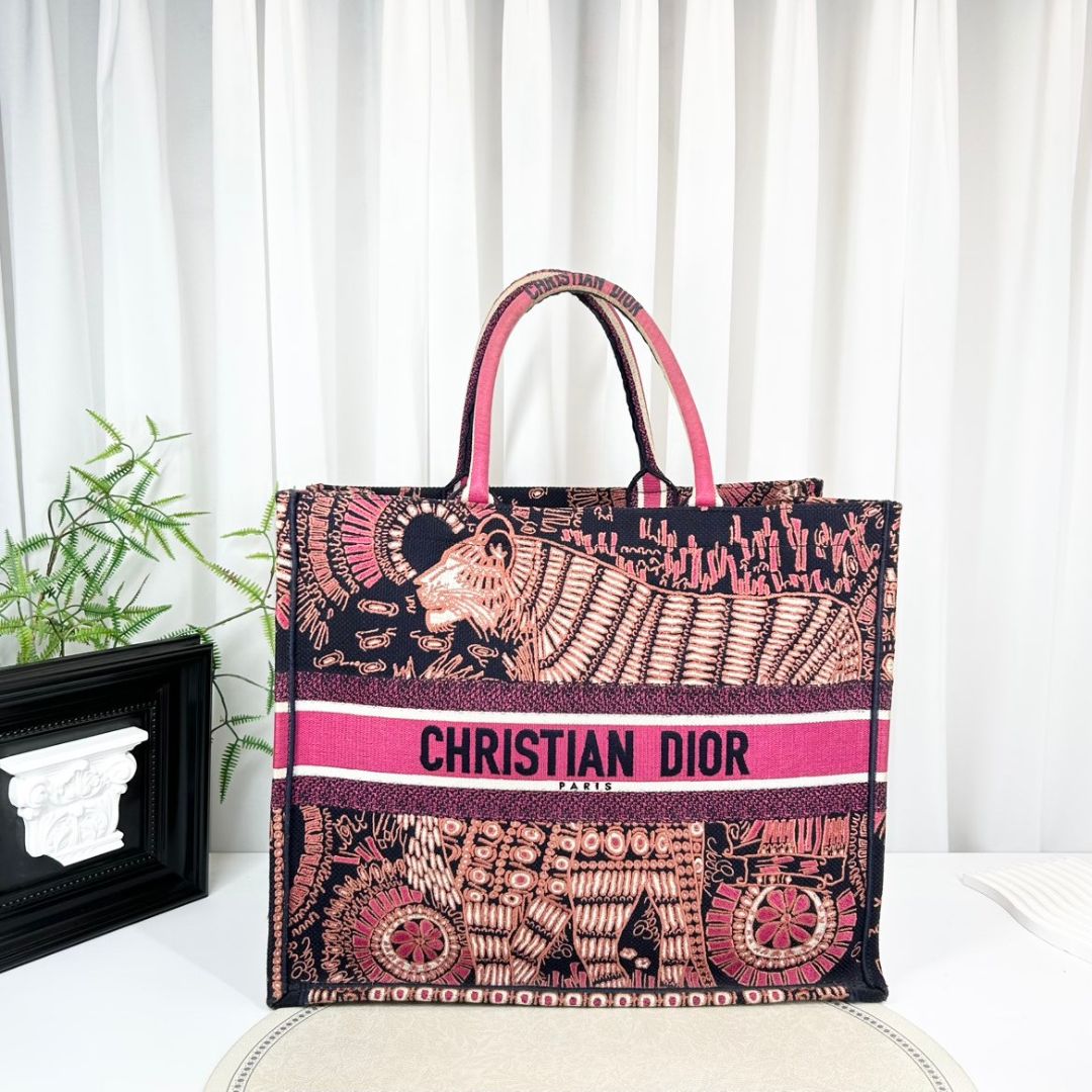 Dior Canvas Embroidered Dior Animals Tiger Book Tote Deep Blue Fuchsia