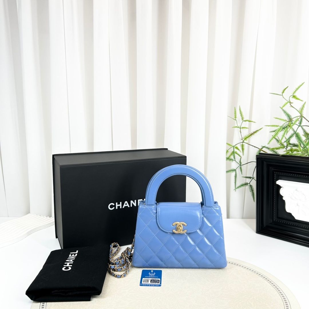 Chanel Kelly Mini Top Handle Bag Blue Calfskin Gold Hardware