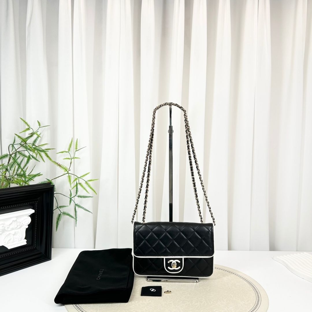 Chanel Lambskin Quilted Resin CC Flap Bag Black White