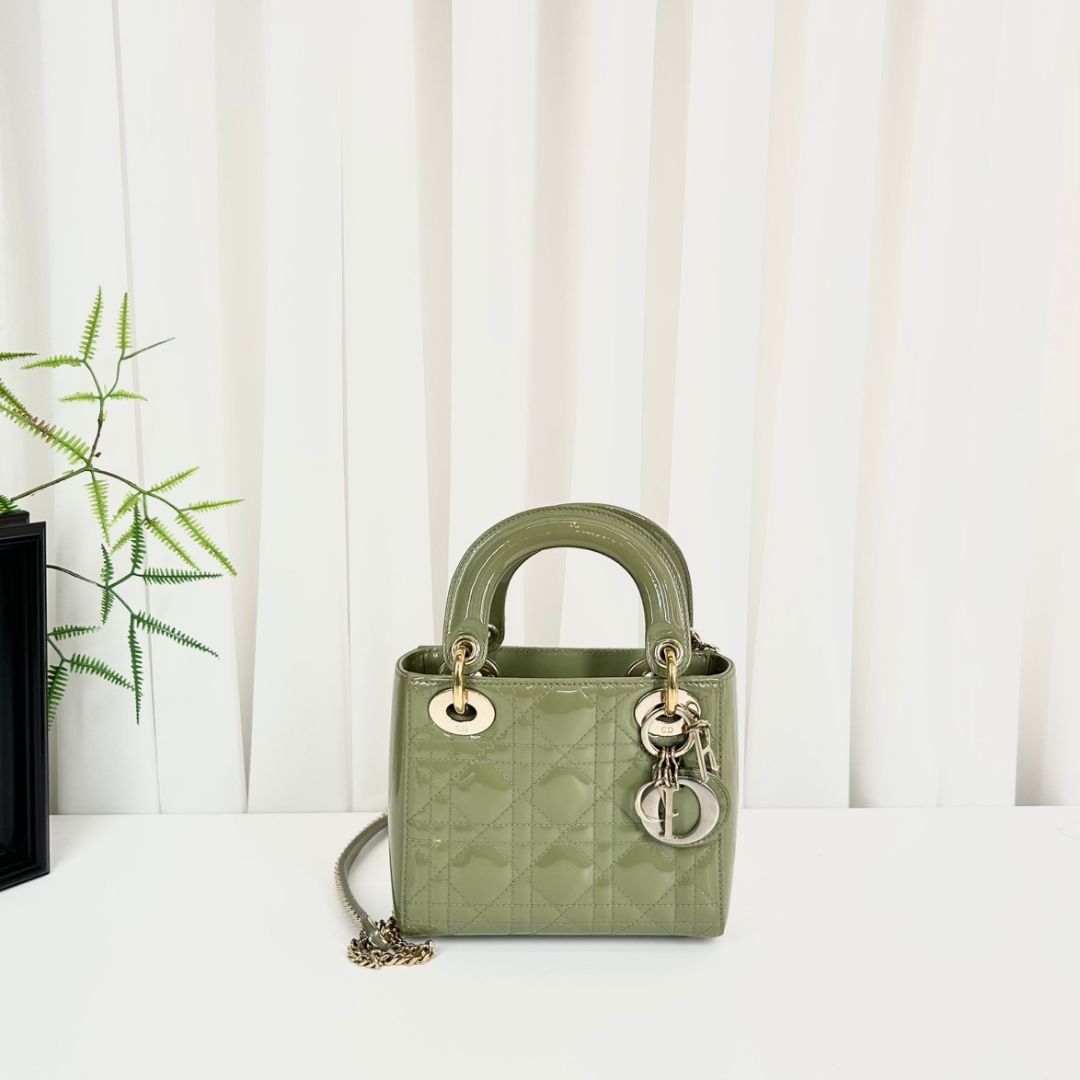 Dior Lady Dior Mini Top Handle Bag Green Patent Leather Silver Hardware